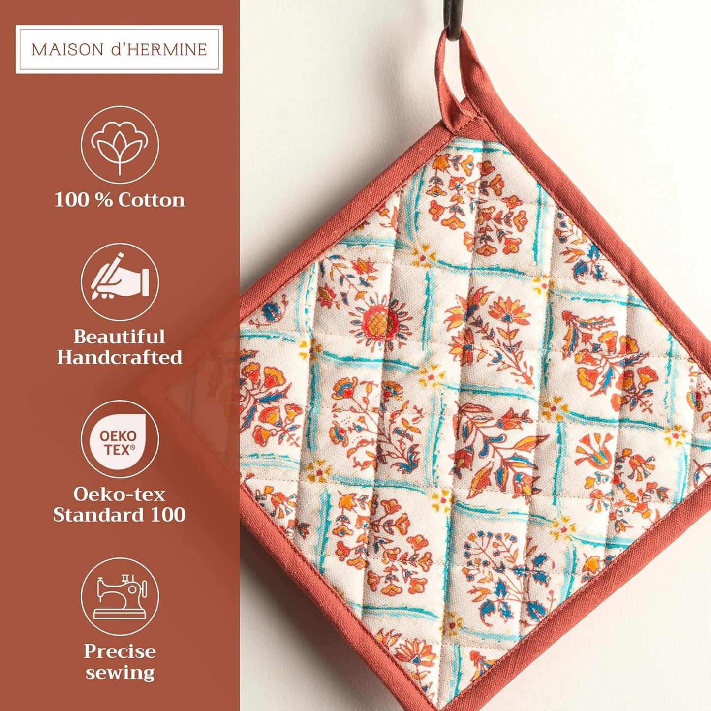 Maison d' Hermine Pot Holders Set 100% Cotton Heat Resistant Potholders 8" x 8" Hot Pads with Loop BBQ, Cooking, Baking, Grilling, Kitchen, Handling Hot Pans (Pack of 2, Romane)