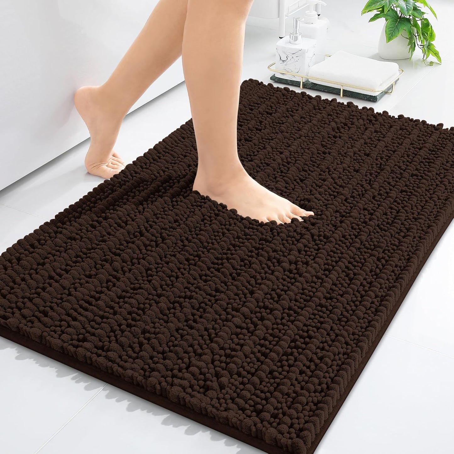 Arotive Luxury Chenille Bathroom Rug Mat, Extra Soft Thick Absorbent Shaggy Bath Rugs, Non-Slip Machine Wash Dry, Plush Bath Mats for Bathroom, Shower and Tub, 36x24, Brown