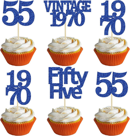 Gyufise 24Pcs Vintage 1970 Cupcake Toppers Glitter Cheers to 55 Fabulous Fifty Five Cupcake Picks 55th Birthday Wedding Anniversary Party Cake Decorations Supplies Deep Blue