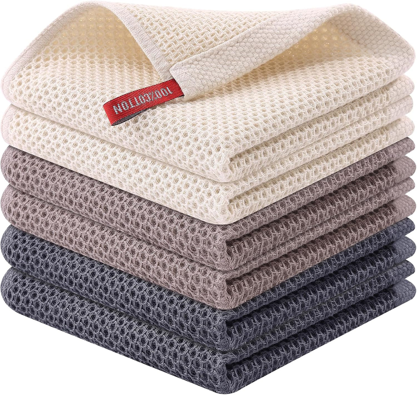 Kitinjoy 100% Cotton Kitchen Dish Cloths, 6 Pack Waffle Weave Ultra Soft Absorbent Dish Towels for Drying Dishes Quick Drying Kitchen Towels Dish Rags, 12 X 12 Inches, Mixed Color