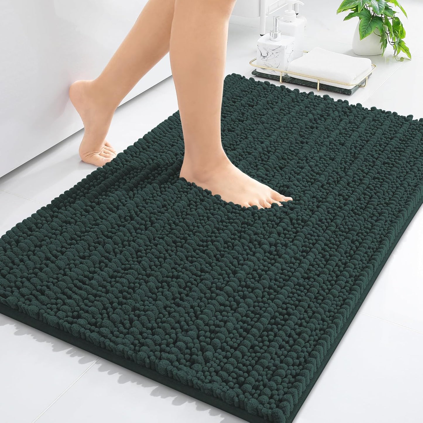 Arotive Luxury Chenille Bathroom Rug Mat, Extra Soft Thick Absorbent Shaggy Bath Rugs, Non-Slip Machine Wash Dry, Plush Bath Mats for Bathroom, Shower and Tub, 34x21, Dark Green