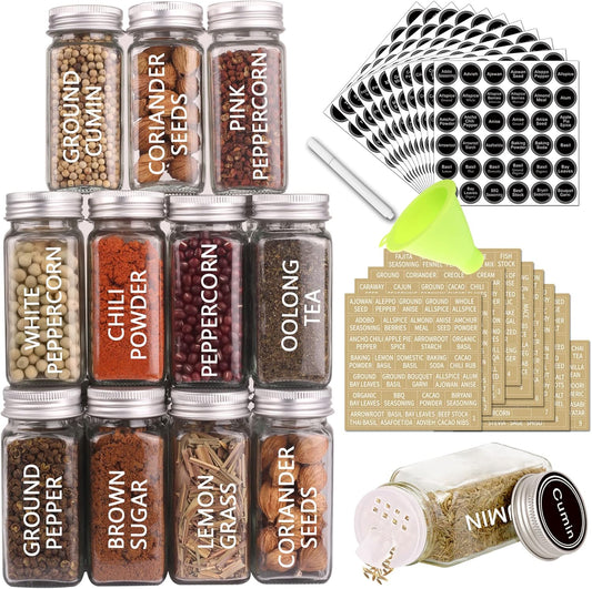 SWOMMOLY 36 Glass Spice Jars with 703 Spice Labels, Empty Square Spice Bottles 4 oz with Pour/Sift Shaker Lid, Airtight Cap, Chalk Marker and Funnel Complete Set