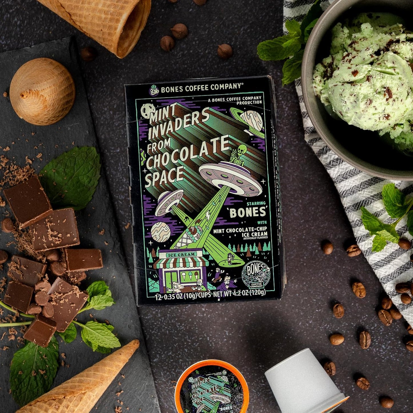 Bones Coffee Company Mint Invaders, Mint Chocolate Chip Flavored Coffee Pods, Low Acid Medium Roast Single-Serve Bones Cups, Compatible with Capsule Brewers Coffee Maker, 12 Count