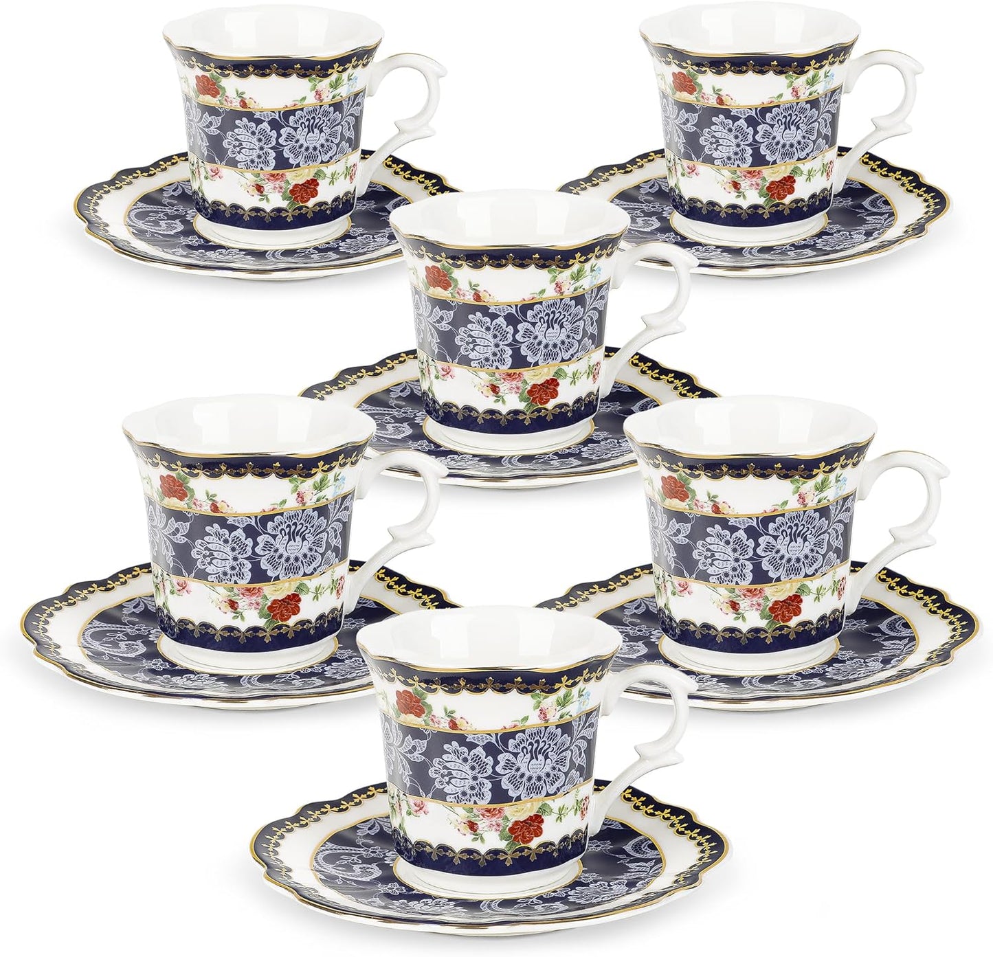 fanquare 2.5 Ounce Espresso Cups Set of 6, 12 Pieces Ceramic Demitasse Cup and Saucers, Blue Lace Pattern Espresso Mugs for Coffee Bar Home