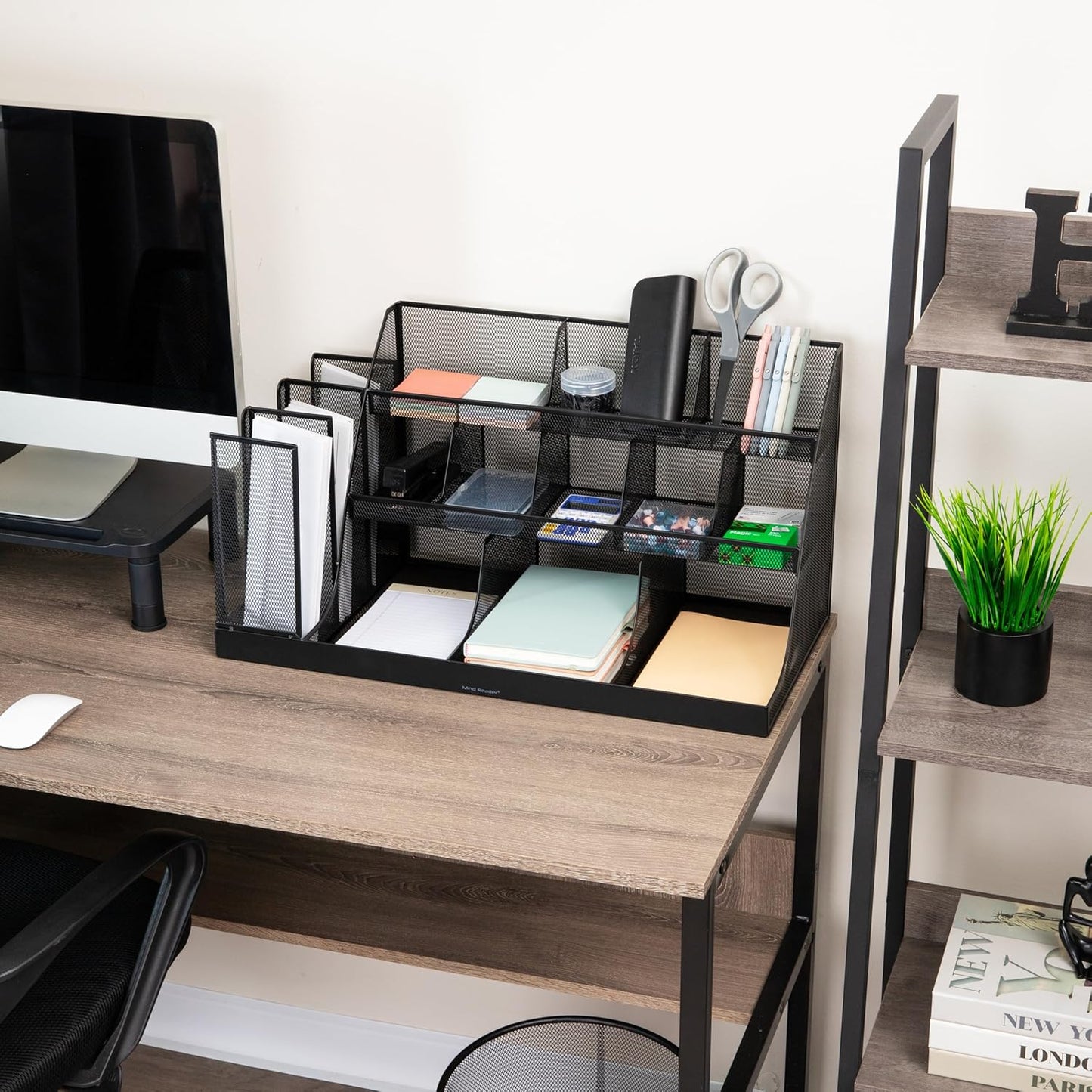 Mind Reader Countertop Organizer, 3-Tier Desktop Storage Rack, Office Breakroom Supply Caddy, Metal Mesh, Black