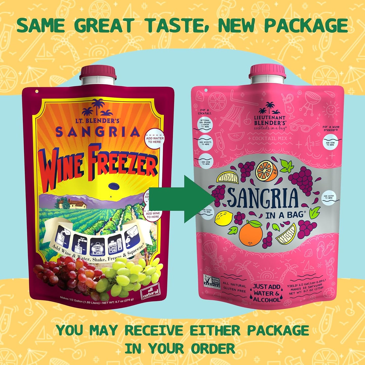 Lt. Blender's Sangria in a Bag – Wine Slushie Mixes - Each Bag Makes 1/2 Gallon of Frozen Red Sangria Mix – Non-GMO Wine Freezer Mix - Make with Wine, Liquor or as a Mocktail - (Pack of 4)